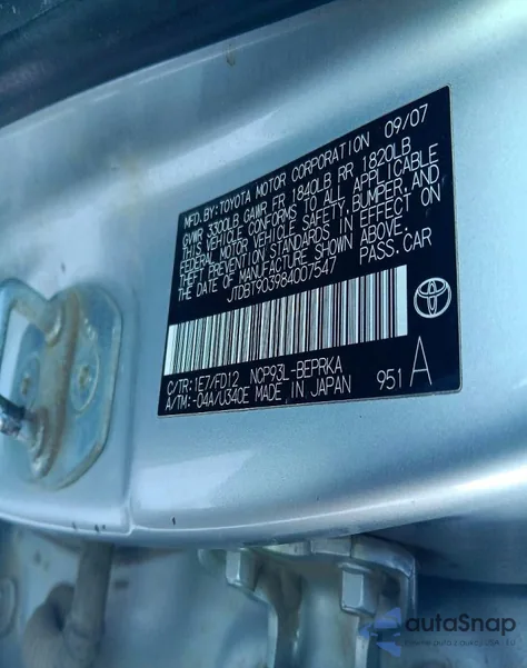 2008 Toyota Yaris z USA, uszkodzony, nr VIN JTDBT903984007547